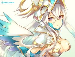 Rule 34 | 1girl, armor, bad id, bad pixiv id, beige background, blue wings, blush, breasts, cleavage, elia (p&amp;d), from side, gauntlets, gradient wings, hair between eyes, halo, helmet, large breasts, long hair, looking at viewer, looking to the side, mashiro miru, multicolored wings, parted lips, puzzle &amp; dragons, red eyes, silver hair, simple background, solo, very long hair, white wings, winged helmet, wings
