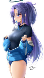 Rule 34 | 1girl, black shirt, blue archive, blue buruma, blue eyes, blue jacket, blush, breasts, buruma, covered erect nipples, cowboy shot, halo, highres, id card, jacket, long hair, long sleeves, medium breasts, mouth hold, one side up, open clothes, open jacket, partially unzipped, purple hair, royboy, shirt, signature, simple background, sleeves past wrists, solo, track jacket, v-shaped eyebrows, very long hair, white background, yuuka (blue archive), yuuka (track) (blue archive), zipper pull tab