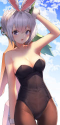 Rule 34 | 1girl, :d, animal ears, arm up, bare shoulders, battle bunny riven, black leotard, blue sky, blush, breasts, brown pantyhose, cleavage, cloud, cloudy sky, cold, collarbone, commentary, day, dduck kong, fake animal ears, hair between eyes, highres, league of legends, leotard, looking at viewer, medium breasts, open mouth, outdoors, pantyhose, playboy bunny, purple eyes, rabbit ears, riven (league of legends), sidelocks, silver hair, sky, smile, solo, strapless, strapless leotard, wrist cuffs