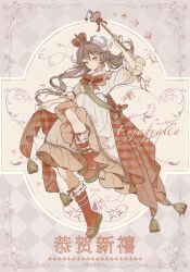 Rule 34 | 1girl, animal ears, arknights, arm up, artist name, boots, bow, bowtie, brown hair, cape, cape hold, character name, checkered background, chinese new year, chinese text, closed mouth, crown, dress, eyjafjalla (arknights), floating hair, floral background, frilled boots, frilled dress, frilled sleeves, frills, full body, grey background, highres, holding, holding scepter, horns, knee boots, leg up, long hair, looking at viewer, medium dress, red bow, red bowtie, red cape, red eyes, red footwear, scepter, sheep ears, sheep girl, sheep horns, sleeves past elbows, smile, solo, standing, standing on one leg, tilted headwear, white dress, ya (witchroy)