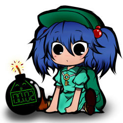 Rule 34 | 1girl, :o, ^ ^, backpack, bad id, bad pixiv id, bag, black eyes, blue hair, blush, bomb, boots, chibi, closed eyes, countdown, dress, explosive, full body, hair bobbles, hair ornament, hat, kawashiro nitori, key, open mouth, puffy short sleeves, puffy sleeves, red zero-doo (and hagure), shirt, short hair, short sleeves, simple background, sitting, skirt, skirt set, solo, touhou, twintails, two side up, white background