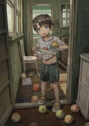 Rule 34 | 1boy, animal ears, blue eyes, brown hair, chair, child, dog ears, food, fruit, full body, highres, holding, holding food, holding fruit, indoors, kemonomimi mode, looking at viewer, male focus, navel, original, sandals, shirt, short hair, short sleeves, shorts, solo, standing, striped clothes, t-shirt, take no (xtc65 0), white shirt