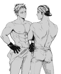 Rule 34 | 2boys, abs, absurdres, aikawa (dorohedoro), ass, bara, blank stare, clothes down, colored tips, dorohedoro, eye contact, facial mark, florbetriz, greyscale, highres, looking at another, male focus, medium sideburns, monochrome, multicolored hair, multiple boys, nipples, no eyebrows, pants, risu (dorohedoro), standing, thick eyebrows, toned, toned male, yaoi