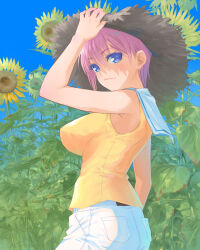 Rule 34 | 1girl, bare arms, bare shoulders, blue eyes, breasts, closed mouth, field, flower, flower field, go-toubun no hanayome, hand up, highres, hirokiku, large breasts, looking at viewer, nakano ichika, outdoors, pants, pink hair, shirt, short hair, solo, sunflower, sunflower field, t-shirt, white pants, yellow shirt