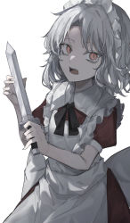 Rule 34 | 1girl, absurdres, alternate eye color, alternate hair color, apron, collared shirt, dagger, dress, hair between eyes, highres, hisha (kan moko), holding, holding dagger, holding knife, holding weapon, knife, looking at viewer, maid, maid apron, maid headdress, open mouth, puffy short sleeves, puffy sleeves, red dress, shirt, short sleeves, slit pupils, teeth, touhou, touhou (pc-98), upper teeth only, weapon, white background, white hair, yumeko (touhou)
