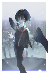 Rule 34 | 1boy, arm at side, black hair, black pants, black wings, border, buttons, chromatic aberration, cityscape, closed mouth, collared shirt, feathered wings, grey shirt, hair between eyes, hair ornament, hairclip, hand up, highres, light particles, long sleeves, looking at viewer, male focus, outdoors, outside border, pants, photo background, railing, red eyes, red nails, shirt, short hair, smile, solo, standing, stitched neck, stitches, su zhi, suzuya juuzou, tokyo ghoul, tokyo ghoul:re, weibo logo, weibo username, white border, wings, x hair ornament