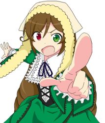 Rule 34 | 00s, 1girl, brown hair, cim, dress, foreshortening, heterochromia, long hair, open mouth, pointing, rozen maiden, simple background, solo, suiseiseki, very long hair