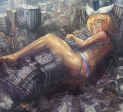 Rule 34 | 1girl, apocalypse, barefoot, bikini, blonde hair, bow, building, city, commentary, english commentary, footprints, from above, full body, giant, giantess, hair bow, hair ornament, hairclip, hug, hugging object, kagamine rin, lying, muscular, muscular female, on side, open mouth, rainbow bikini, ruins, short hair, skyscraper, smile, solo, striped bikini, striped clothes, summer idol (vocaloid), sweat, swept bangs, swimsuit, vocaloid, white bow, yilx