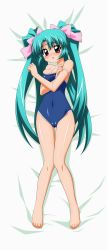 Rule 34 | 1990s (style), 1girl, absurdres, blush, canal vorfeed, competition school swimsuit, dakimakura (medium), full body, green hair, highres, lost universe, lying, one-piece swimsuit, purple eyes, ribbon, school swimsuit, solo, sugimura tomokazu, swimsuit, undressing