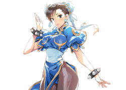 Rule 34 | 1girl, bracelet, breasts, brown eyes, brown footwear, brown hair, capcom, chinese clothes, chun-li, closed mouth, commentary request, double bun, earrings, hair bun, hand up, jewelry, lips, looking at viewer, matsuda (matsukichi), medium breasts, pantyhose, pelvic curtain, puffy short sleeves, puffy sleeves, shiny clothes, shiny skin, short sleeves, simple background, smile, solo, spiked bracelet, spikes, street fighter, white background