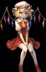 Rule 34 | 1girl, :t, arm garter, arm strap, arm support, ascot, between legs, black background, blonde hair, closed mouth, commentary request, crystal, flandre scarlet, frilled shirt collar, frilled sleeves, frills, full body, hand between legs, hat, hat ribbon, highres, invisible chair, loafers, looking at viewer, mob cap, orange eyes, pointy ears, puffy short sleeves, puffy sleeves, red eyes, red footwear, red ribbon, red skirt, red vest, ribbon, ribbon-trimmed collar, ribbon trim, shadow, shirt, shoes, short-sleeved sweater, short hair, short sleeves, sitting, skirt, solo, sweater, thighhighs, touhou, v arms, vest, white hat, white shirt, white thighhighs, wings, yanyan (shinken gomi), yellow ascot, zettai ryouiki