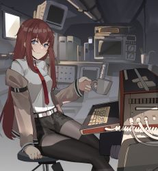 Rule 34 | 1girl, absurdres, black pantyhose, black shorts, blue eyes, breasts, brown hair, brown jacket, closed mouth, collared shirt, commentary, crt, cup, feet out of frame, gar32, hair between eyes, highres, holding, holding cup, jacket, long hair, long sleeves, looking at viewer, makise kurisu, necktie, open clothes, open jacket, pantyhose, pantyhose under shorts, red necktie, shirt, short shorts, shorts, sitting, sleeves past wrists, small breasts, solo, steins;gate, very long hair, white shirt