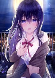 Rule 34 | 1girl, absurdres, arm grab, backlighting, black hair, black skirt, blazer, blouse, blush, bow, bowtie, bra visible through clothes, braid, city, cloud, collared shirt, cover, cover page, hair between eyes, hand on own chest, hand up, highres, huge filesize, jacket, kuro namako, long hair, long sleeves, looking at viewer, lower teeth only, moon, novel cover, novel illustration, official art, open mouth, original, purple eyes, railing, rain, see-through, shirt, shirt tucked in, sidelocks, skirt, sky, smile, solo, standing, tears, teeth, textless version, tongue, uniform, upper body, water drop, wet, wet clothes, wet shirt, white shirt