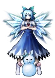 Rule 34 | &gt;:), 1girl, blue bow, blue dress, blue eyes, blue hair, bow, cirno, closed mouth, crossed arms, danganronpa (series), dress, full body, hair bow, highres, ice, ice wings, looking at viewer, matching hair/eyes, neck ribbon, parody, puffy short sleeves, puffy sleeves, red ribbon, ribbon, short hair, short sleeves, smile, snowman, socks, solo, style parody, taku (harajuku), touhou, transparent background, v-shaped eyebrows, white background, white socks, wings