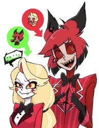 Rule 34 | ..., 1boy, 1girl, alastor (hazbin hotel), biting own lip, black hair, blonde hair, body switch, charlie morningstar, chibi, colored sclera, commentary request, evil smile, fang, formal, hazbin hotel, highres, index fingers together, long hair, multicolored hair, nervous, pale skin, personality switch, red eyes, red hair, red sclera, short hair, simple background, smile, spoken ellipsis, suit, upper body, white background, yellow sclera, zumin
