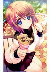 Rule 34 | 1girl, absurdres, amazuyu tatsuki, black shirt, blue eyes, brown hair, crepe, day, eating, food, from above, hair between eyes, highres, holding, holding food, komaki manaka, miniskirt, outdoors, pleated skirt, red skirt, shirt, short hair, skirt, solo, sunlight, sweater, to heart, to heart (series), to heart 2, white sweater