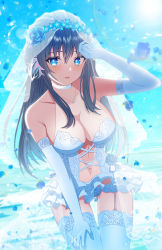 Rule 34 | 1girl, absurdres, arknights, astesia (arknights), babydoll, blue flower, blue hair, blush, breasts, bridal lingerie, bridal veil, bride, bubble, choker, cleavage, elbow gloves, flower, garter straps, gloves, gluteal fold, hair between eyes, hair ornament, halterneck, head wreath, highres, jewelry, large breasts, lens flare, light blue background, light blue hair, lingerie, long hair, looking at viewer, microskirt, midriff, navel, necklace, ocean, petals, ring, see-through, shadow, skirt, smile, solo, symbol-shaped pupils, thigh gap, thighhighs, underwear, veil, white choker