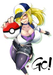 Rule 34 | 10s, 1girl, aoi manabu, blonde hair, breasts, cleavage, creatures (company), female focus, female protagonist (pokemon go), fingerless gloves, game freak, gloves, green eyes, hat, large breasts, long hair, looking at viewer, nintendo, poke ball, pokemon, pokemon go, simple background, solo, sweat