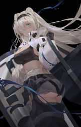 Rule 34 | 1girl, animal ears, arknights, ass, aurora (arknights), bear ears, black background, black gloves, black hairband, blue eyes, breasts, cleavage, commentary, cowboy shot, crop top, gloves, grey shorts, hair over one eye, hairband, hand up, highres, infection monitor (arknights), large breasts, long hair, long sleeves, looking at viewer, midriff, pouch, shorts, shrug (clothing), silver hair, solo, sports bra, standing, stomach, themoonstarsandyou, twisted torso, underbutt, very long hair
