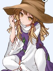 Rule 34 | 1girl, animal print, arm between legs, blonde hair, breasts, dress, eyeball hat ornament, frog print, hair between eyes, hair ribbon, hat, highres, holding, holding clothes, holding hat, kneeling, light blush, long hair, long sleeves, looking at viewer, moriya suwako, open hand, orchid (orukido), parted lips, purple dress, red ribbon, ribbon, short dress, sidelocks, simple background, small breasts, solo, thighhighs, touhou, white background, white sleeves, white thighhighs, wide sleeves, yellow eyes, yellow hat, zettai ryouiki