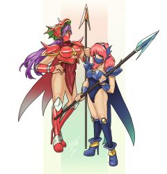 Rule 34 | armor, blue cape, blue eyes, blue mask, boots, cape, dragoon (final fantasy), faris scherwiz, final fantasy, final fantasy v, height difference, high heel boots, high heels, highres, holding, holding polearm, holding weapon, kurasquall, lenna charlotte tycoon, leotard, long hair, mask, mouth mask, pink hair, polearm, purple hair, red cape, red mask, short hair, siblings, sisters, spear, square enix, weapon