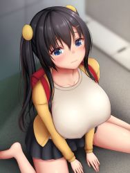 Rule 34 | 1girl, bag, barefoot, black hair, black skirt, blue eyes, blurry, blurry background, blush, breasts, closed mouth, covered erect nipples, embarrassed, feet, female focus, from above, hair between eyes, highres, huge breasts, jacket, legs, nose blush, original, outdoors, road, school bag, sitting, skirt, solo, street, tapisuke, thighs, twintails, wariza