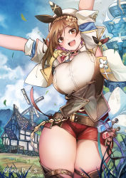 Rule 34 | 1girl, :d, atelier (series), atelier ryza, atelier ryza 3, bear paw s, blush, breast pocket, breasts, brown eyes, brown hair, hair ornament, hairclip, hat, highres, house, huge breasts, jewelry, looking at viewer, necklace, open mouth, pocket, red shorts, reisalin stout, short hair, short shorts, shorts, smile, solo, thick thighs, thighhighs, thighs, twitter username, white hat, windmill