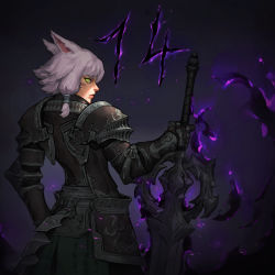 Rule 34 | 1girl, animal ears, armor, warrior of light (ff14), black armor, cat ears, cat tail, cowboy shot, dark background, dark knight (final fantasy), facial mark, final fantasy, final fantasy xiv, from behind, gauntlets, greatsword, highres, holding, holding sword, holding weapon, looking at viewer, miqo&#039;te, short hair, shoulder armor, sicae, solo, sword, tail, weapon, whisker markings, white hair, yellow eyes