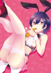 Rule 34 | 1girl, animal ears, ass, bare arms, bare shoulders, blue hair, bow, bowtie, bra, breasts, brown eyes, carrot, cupless bra, fake animal ears, fake tail, food, hair between eyes, hairband, high heels, holding, holding food, leotard, lingerie, looking at viewer, lying, medium breasts, on back, open mouth, panties, persona, persona 4, playboy bunny, rabbit ears, rabbit tail, revealing clothes, shinocco, shirogane naoto, shoes, short hair, sidelocks, solo, spread legs, tail, thighhighs, underwear, white thighhighs, wing collar