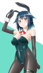 Rule 34 | 1girl, animal ears, awono nanaumi, black gloves, black pantyhose, blue hair, blush, bow, bowtie, breasts, bunny day, cleavage, closed mouth, commentary request, detached collar, elbow gloves, fake animal ears, frown, fukami nana (awono nanaumi), gloves, gradient hair, green background, green eyes, green hair, green leotard, hair flaps, highres, large breasts, leotard, looking at viewer, multicolored hair, original, pantyhose, playboy bunny, rabbit ears, red bow, red bowtie, shiny skin, short hair, simple background, solo, two-tone background, white background, wrist cuffs