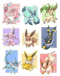 Rule 34 | absurdres, animal hands, blue background, blue eyes, bow, bowtie, brown eyes, collage, commentary request, creatures (company), dot nose, eevee, espeon, fins, flareon, forked tail, fur collar, game freak, gem, gen 1 pokemon, gen 2 pokemon, gen 4 pokemon, gen 6 pokemon, glaceon, green background, head fins, highres, jolteon, leaf, leafeon, looking at viewer, nintendo, no humans, open mouth, pink background, pokemon, pokemon (creature), purple background, purple eyes, red background, red eyes, red gemstone, ribbon, sitting, sylveon, tail, towa (clonea), umbreon, vaporeon, white background, white bow, white bowtie, white fur, yellow background, yellow fur