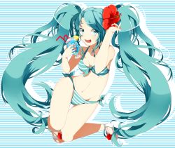 Rule 34 | 1girl, :d, aqua eyes, aqua hair, bikini, breasts, cleavage, drink, drinking straw, enma614 (patidonn), flower, full body, hair flower, hair ornament, hatsune miku, hibiscus, highres, long hair, navel, open mouth, sandals, small breasts, smile, solo, striped background, striped bikini, striped clothes, swimsuit, twintails, very long hair, vocaloid