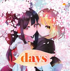 Rule 34 | 2girls, album cover, album name, ascot, blonde hair, blush, bow, brown hair, cherry blossoms, commentary request, cover, detached sleeves, falling petals, flower, frilled bow, frilled hair tubes, frills, grin, hair bow, hair tubes, hakurei reimu, highres, holding hands, interlocked fingers, kirisame marisa, long hair, multiple girls, no headwear, nodoguro (phi-tan), petals, pink flower, pink petals, red bow, red eyes, smile, touhou, yellow ascot, yellow eyes, yuri