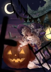 Rule 34 | 1girl, absurdres, apron, arm rest, bad id, bat (animal), blonde hair, bow, braid, crescent moon, cross, hair bow, halloween, hat, hat bow, highres, house, ijen (ljenejl), jack-o&#039;-lantern, kirisame marisa, long hair, looking at viewer, moon, night, night sky, open mouth, outdoors, pennant, puffy short sleeves, puffy sleeves, short sleeves, side braid, single braid, sitting, sky, smile, solo, string of flags, striped, striped bow, touhou, waist apron, wariza, window, witch hat, wrist cuffs, yellow eyes