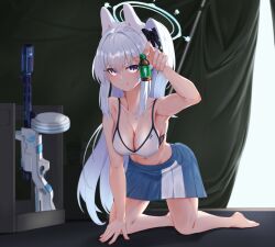 Rule 34 | 1girl, animal ears, barefoot, blue archive, blue halo, blue skirt, bottle, breasts, cleavage, clov3r, fake animal ears, grey hair, gun, halo, highres, holding, holding bottle, large breasts, long hair, miyako (blue archive), navel, one side up, pleated skirt, purple eyes, rabbit ears, skirt, solo, tongue, tongue out, weapon