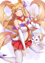 Rule 34 | 1girl, ;), ahri (league of legends), animal ears, aori sora, bare shoulders, blonde hair, breasts, choker, covered erect nipples, detached sleeves, fox, fox ears, fox girl, fox tail, hair ornament, heart, highres, league of legends, long hair, looking at viewer, magical girl, medium breasts, miniskirt, multiple tails, one eye closed, pleated skirt, purple eyes, red skirt, sitting, skirt, smile, solo, star (symbol), star guardian (league of legends), star guardian ahri, star hair ornament, swept bangs, tail, thighhighs, tiara, v, wariza, white thighhighs
