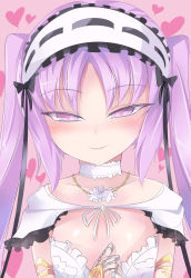 Rule 34 | 1girl, blush, choker, fate/grand order, fate/hollow ataraxia, fate (series), headband, heart, heart-shaped pupils, highres, looking at viewer, purple eyes, purple hair, smile, stheno (fate), symbol-shaped pupils