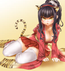 Rule 34 | 10s, 1girl, 2010, animal ears, animal print, arm support, asanagi, black hair, breasts, cleavage, flower, full body, furisode, hair ornament, highres, huge breasts, japanese clothes, kimono, kimono skirt, large breasts, new year, original, pleated skirt, ponytail, short kimono, simple background, sitting, skirt, solo, tail, thighhighs, tiger ears, tiger print, white thighhighs, yellow background, yellow eyes, yukata, zettai ryouiki