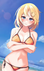 Rule 34 | 1girl, absurdres, arms under breasts, beach, bikini, blonde hair, blue eyes, blue sky, blurry, blush, bokeh, breasts, chillout tang, cloud, crossed arms, depth of field, dutch angle, gluteal fold, groin, hair ornament, halterneck, highres, hololive, hololive english, large breasts, looking at viewer, medium hair, mole, mole on breast, navel, orange bikini, side-tie bikini bottom, skindentation, sky, solo, string bikini, swimsuit, thigh gap, thighs, virtual youtuber, watson amelia
