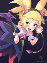 Rule 34 | 1girl, :d, armlet, bare shoulders, black background, black dress, blonde hair, blush, claw pose, commentary request, cosplay, creatures (company), dress, eyelashes, fake horns, game freak, green eyes, hairband, hands up, highres, horns, iris (fall 2022) (pokemon), iris (pokemon), iris (pokemon) (cosplay), kinocopro, lillie (pokemon), looking at viewer, nintendo, open mouth, pokemon, pokemon masters ex, pokemon sm, pokemon wings, smile, solo, tongue, twitter username, watermark, wrist cuffs