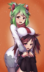 Rule 34 | 2girls, breast rest, breasts, breasts on head, brown hair, circuit (gebyy-terar), curvy, dress, green hair, large breasts, long hair, magister, magnet, multiple girls, open mouth, original, pantyhose, pink eyes, red eyes, rust (gebyy-terar), scarf, smile, snow, snowing, thighhighs, twintails