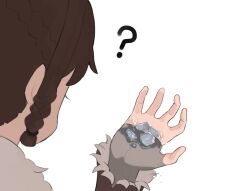 Rule 34 | 1girl, ?, brown hair, from behind, fur collar, hand up, hashtag-only commentary, highres, ice, looking down, melting, palworld, player character (palworld), sidelocks, simple background, teasmacker, upper body, white background