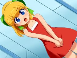 Rule 34 | 1girl, bare shoulders, blonde hair, blue eyes, blush, bow, capcom, collarbone, dot nose, dress, dutch angle, facing viewer, feet out of frame, female focus, hair bow, highres, konpeto, long hair, looking at viewer, mega man (classic), mega man (series), open mouth, ponytail, red dress, ribbon, roll (mega man), sidelocks, sleeveless, solo, standing, sweatdrop
