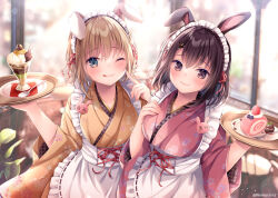 Rule 34 | 2girls, ;q, animal ears, apron, black hair, blue eyes, blurry, blurry background, breasts, brown eyes, brown hair, brown kimono, cake, closed mouth, commentary request, day, depth of field, food, frilled apron, frills, hair between eyes, holding, holding tray, indoors, japanese clothes, kimono, long hair, long sleeves, looking at viewer, maid, medium breasts, multiple girls, nemuri nemu, one eye closed, original, parfait, pink kimono, rabbit ears, smile, swiss roll, tongue, tongue out, tray, twitter username, wa maid, white apron, wide sleeves, window