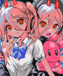 Rule 34 | 1girl, absurdres, blue bow, bow, chainsaw man, collared shirt, cross-shaped pupils, hugging doll, fang, hair between eyes, highres, horns, long hair, looking at viewer, maid, maid headdress, momae makku, hugging object, open mouth, orange eyes, pink hair, power (chainsaw man), red horns, shirt, stuffed animal, stuffed rabbit, stuffed toy, symbol-shaped pupils, twintails, white shirt