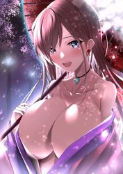 Rule 34 | 1girl, bare shoulders, blue eyes, breasts, cleavage, earrings, fate/grand order, fate (series), huge breasts, japanese clothes, jewelry, kimono, lee-taro, looking at viewer, miyamoto musashi (fate), necklace, open mouth, partially undressed, pink hair, robe, umbrella, upper body