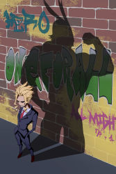 Rule 34 | 1boy, absurdres, all might, antenna hair, blonde hair, boku no hero academia, brick wall, business suit, collared shirt, different shadow, formal, graffiti, hair slicked back, hands in pockets, highres, hqc930, male focus, medium hair, messy hair, necktie, shadow, shirt, solo, spiked hair, spray paint, suit, wall, yagi toshinori