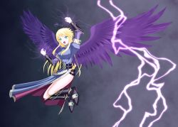 Rule 34 | 1girl, angel wings, black wings, blonde hair, blush, boots, breasts, breath of fire, breath of fire ii, bridal gauntlets, capcom, dress, female focus, green eyes, knee boots, large breasts, large wings, legs, lightning, long hair, long legs, magic, nina (breath of fire ii), no panties, shiden (john shiden), side slit, sidelocks, solo, thigh boots, thighhighs, thighs, wings