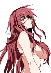 Rule 34 | 1girl, bare shoulders, breasts, bullet, eyepatch, from side, hair censor, hair over breasts, inue shinsuke, large breasts, long hair, maji de watashi ni koi shinasai!, margit eberbach, mouth hold, red eyes, red hair, sample watermark, sideboob, simple background, solo, watermark, white background