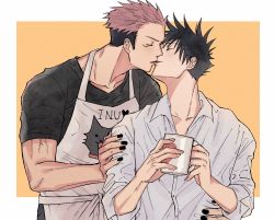 Rule 34 | 2boys, apron, black hair, black nails, black shirt, border, commentary request, couple, cup, closed eyes, facial mark, fushiguro megumi, fushirun rung, hand on another&#039;s arm, hand on another&#039;s hip, height difference, highres, holding, holding cup, jujutsu kaisen, kiss, male focus, mug, multiple boys, nail polish, pants, pink hair, ryoumen sukuna (jujutsu kaisen), shirt, short hair, short sleeves, size difference, spiked hair, veins, white border, white shirt, yaoi